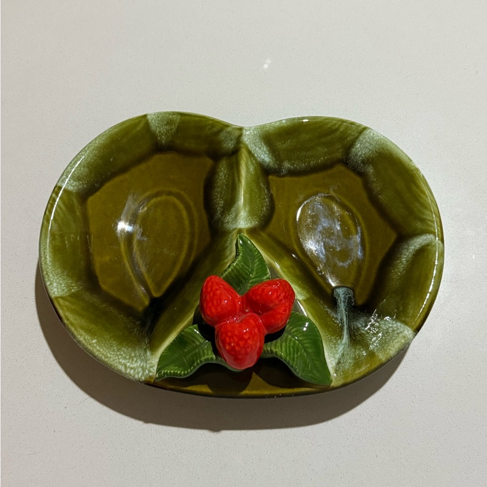 Vintage California Pottery Green Divided‎ Strawberry Serving Dish #892